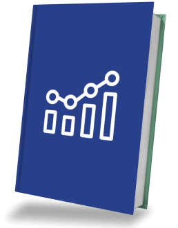 Illustration of a blue book standing upright with a white line graph and bar chart on the cover.